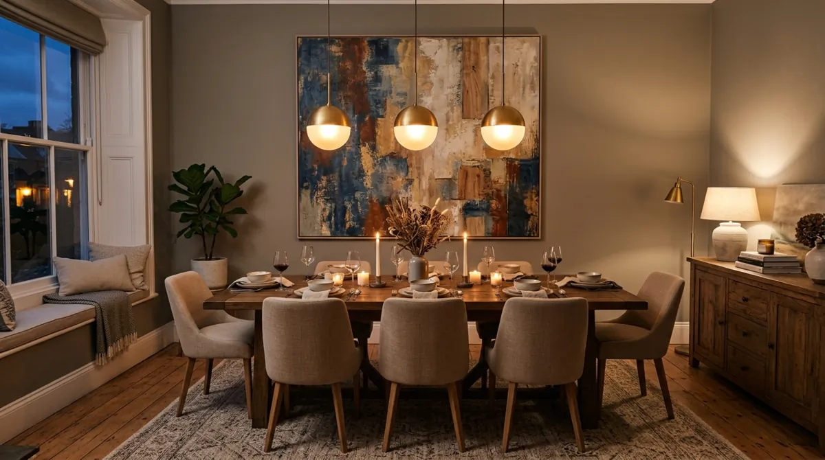 Dining room with large abstract canvas, wood furniture, and pendant lighting.