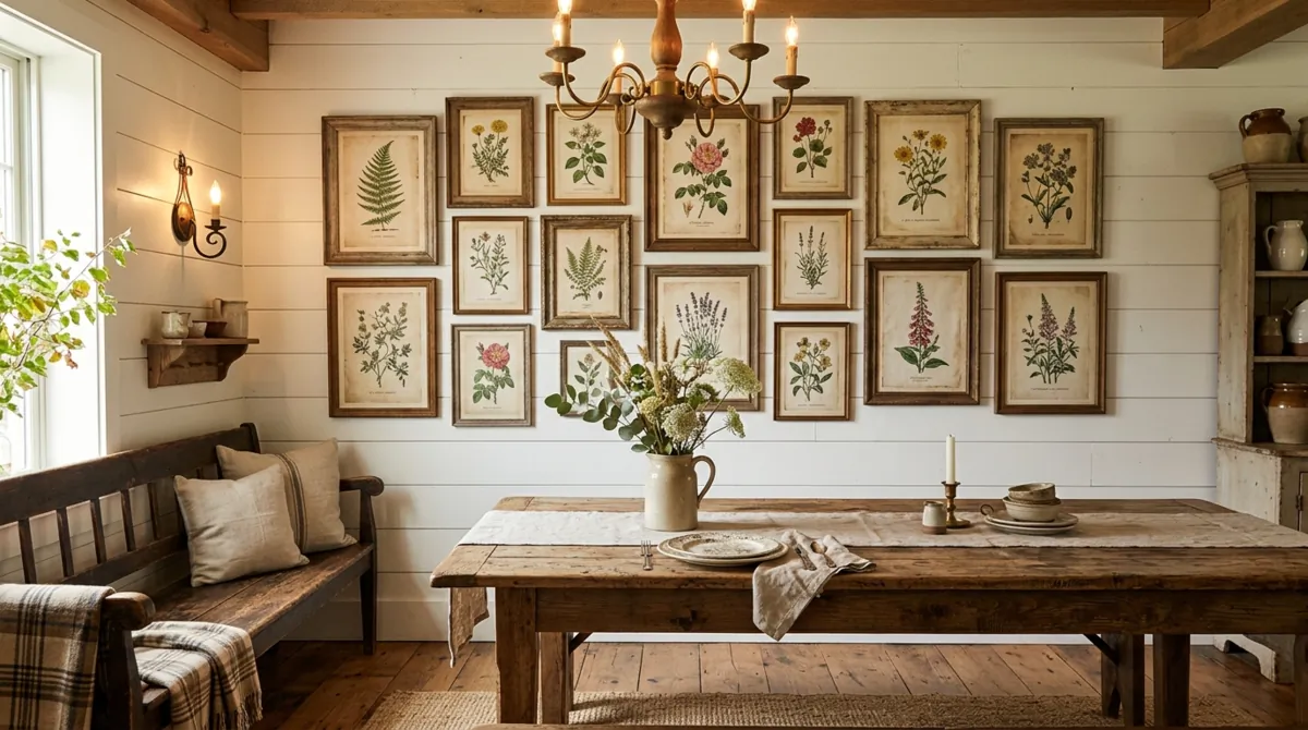 Farmhouse dining room wall with botanical prints, shiplap, and rustic table.