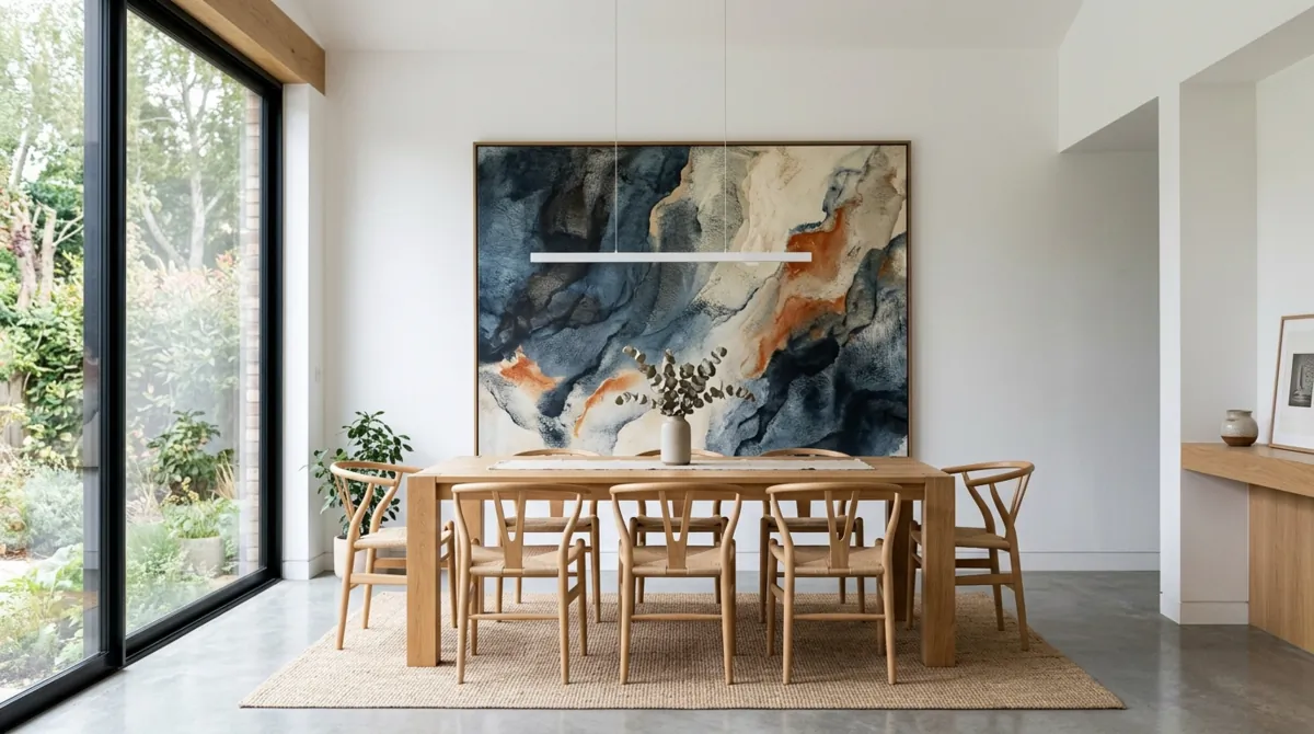 Minimal dining room with oversized statement art, white walls, and simple dining set.