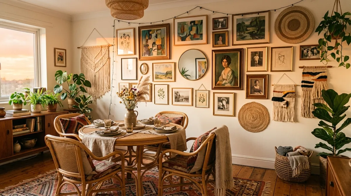 Bohemian dining room with eclectic framed art, woven wall hangings, and rattan furniture.