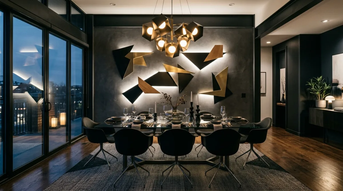 Modern dining room with geometric wall sculptures, glass table, and black chairs.