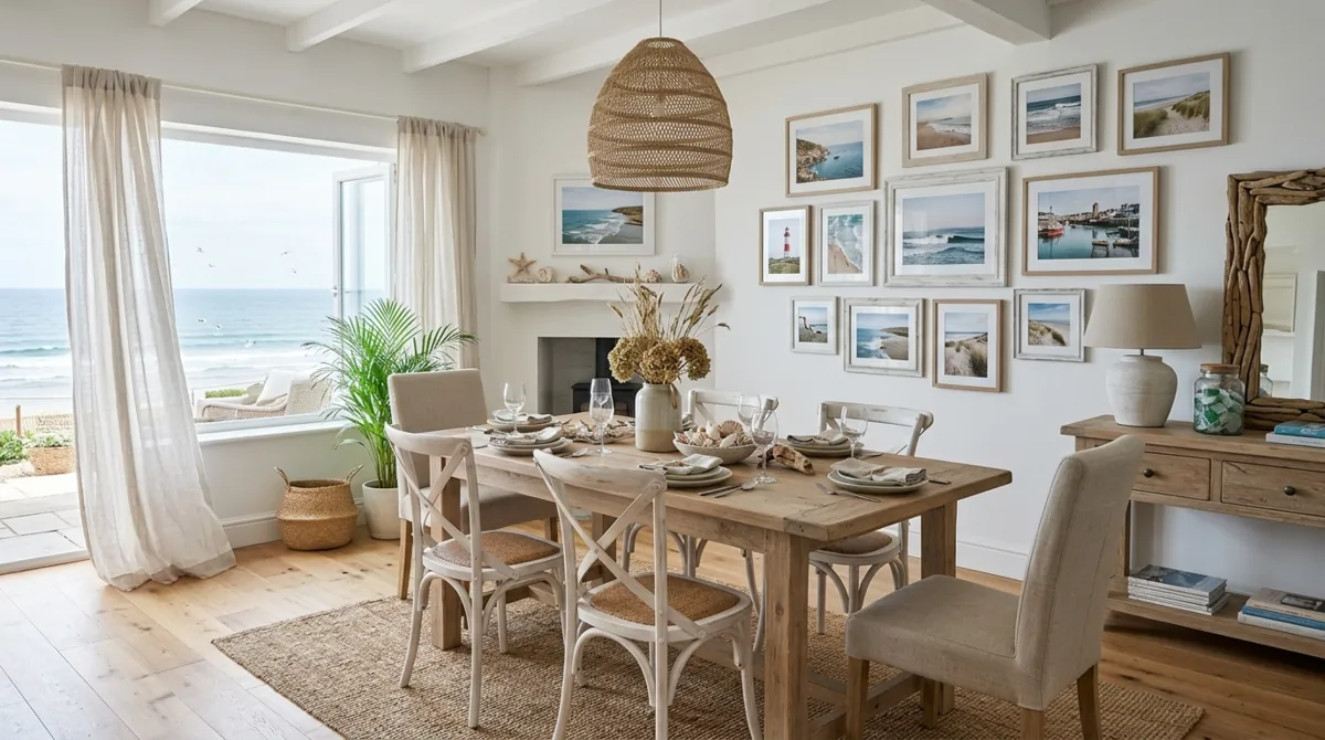 Coastal dining room with framed seaside photo gallery and whitewashed walls.