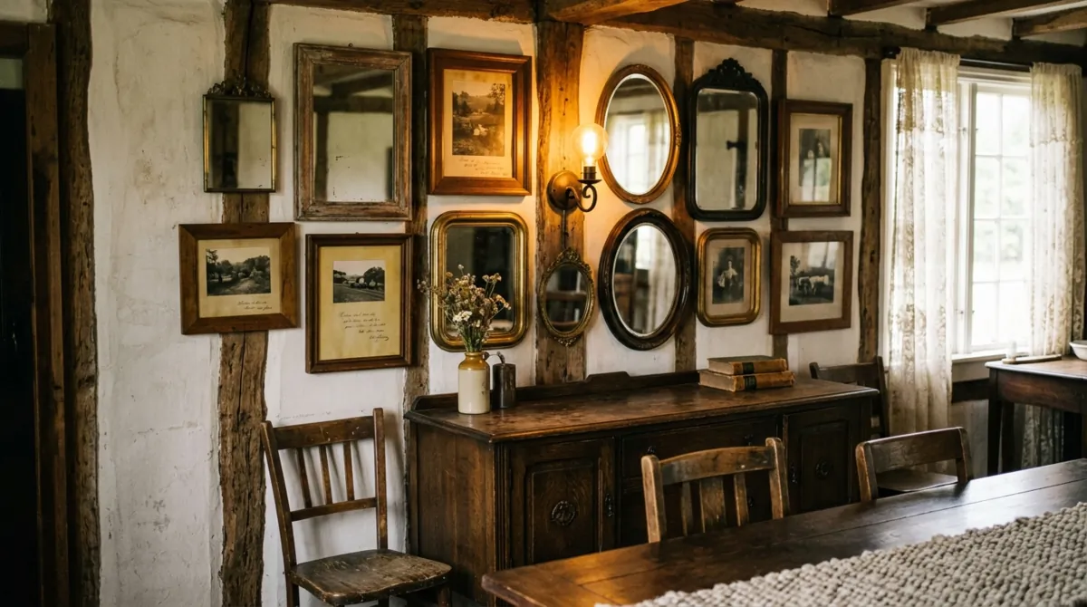 Rustic dining room wall with antique mirrors, vintage frames, and wood accents.