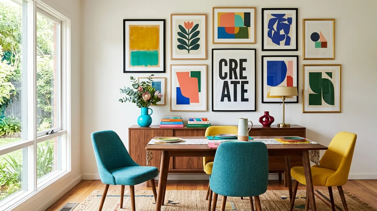 Colorful dining room gallery wall with bold modern art and mid-century furniture.