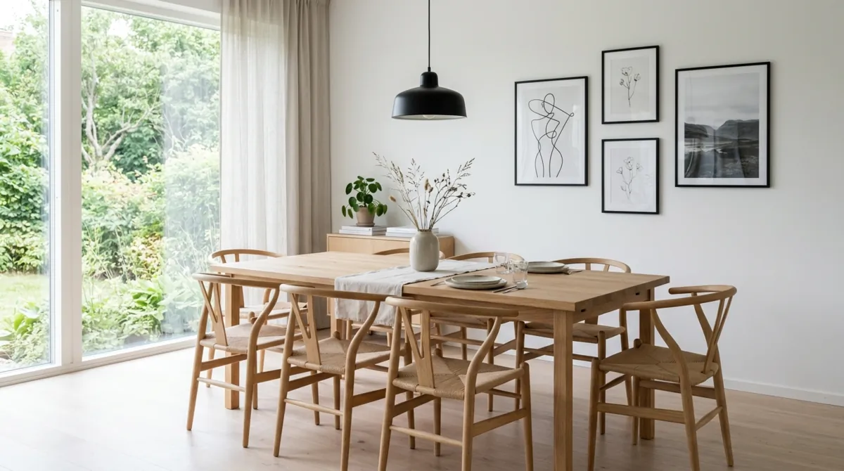 Scandinavian dining room with black framed prints, light wood table, and white walls.