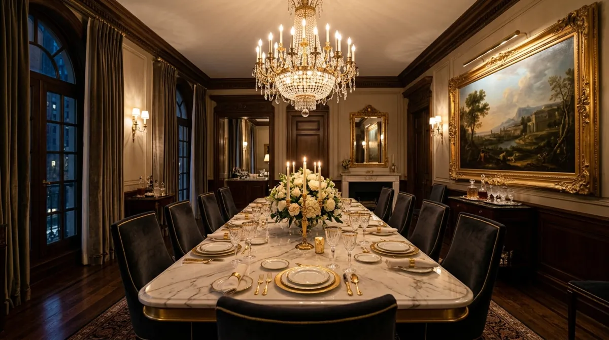 Luxury dining room with gold framed artwork, marble table, and chandelier.
