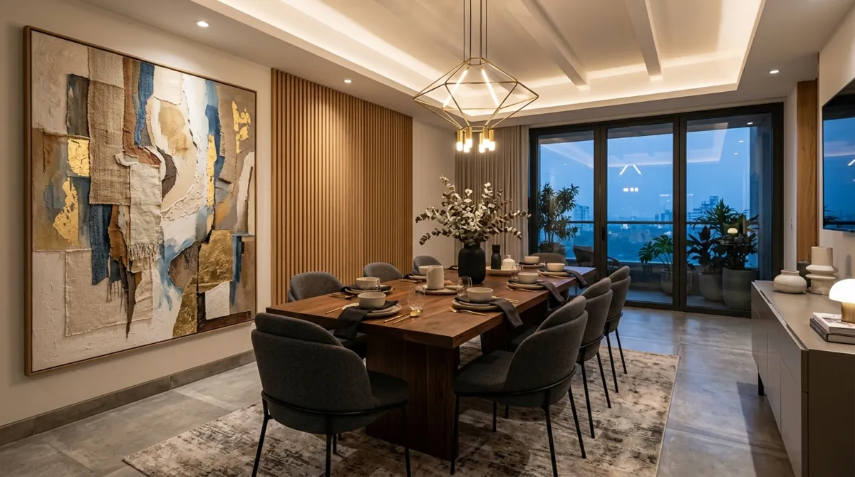 Contemporary dining room with mixed media wall art, textured panels, and modern furniture.