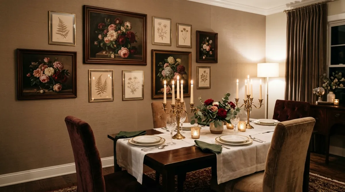 Romantic dining room wall with floral paintings, framed sketches, and candlelit table.