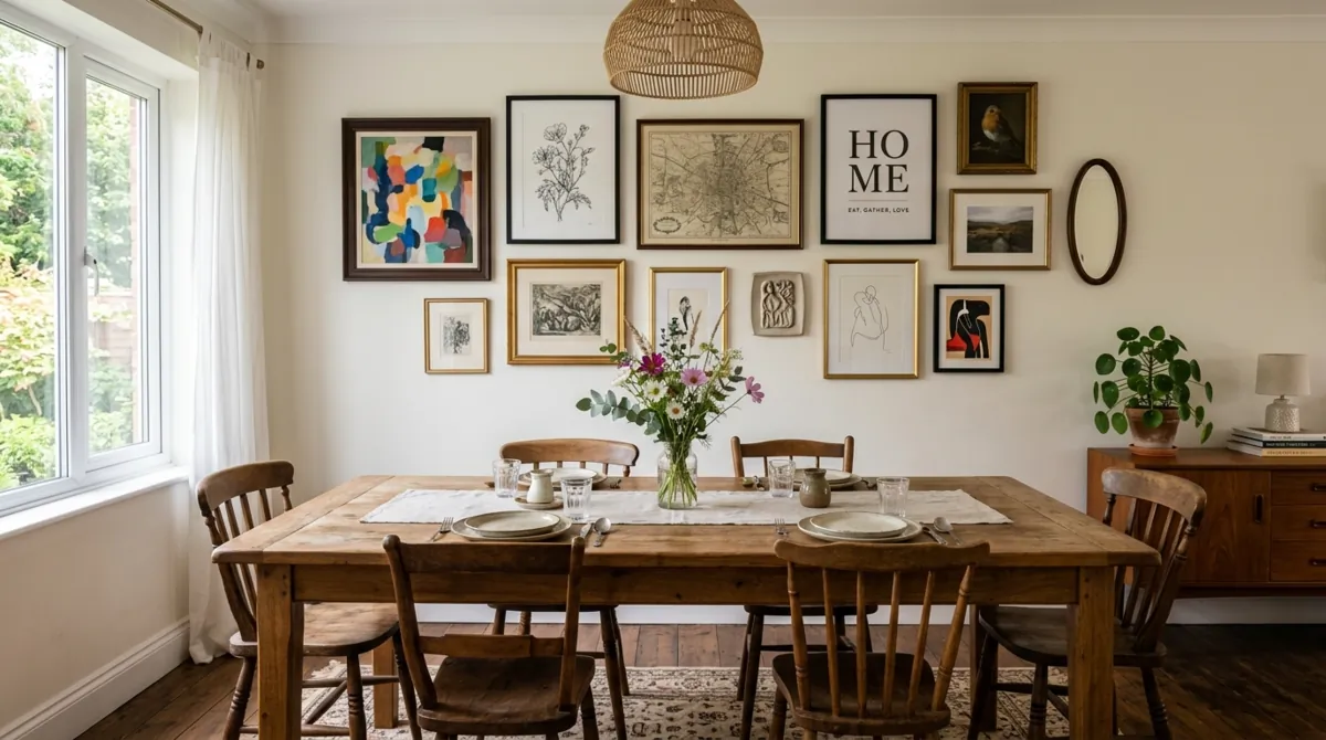 Creative dining room gallery wall with asymmetrical frames, mixed art, and wood table.