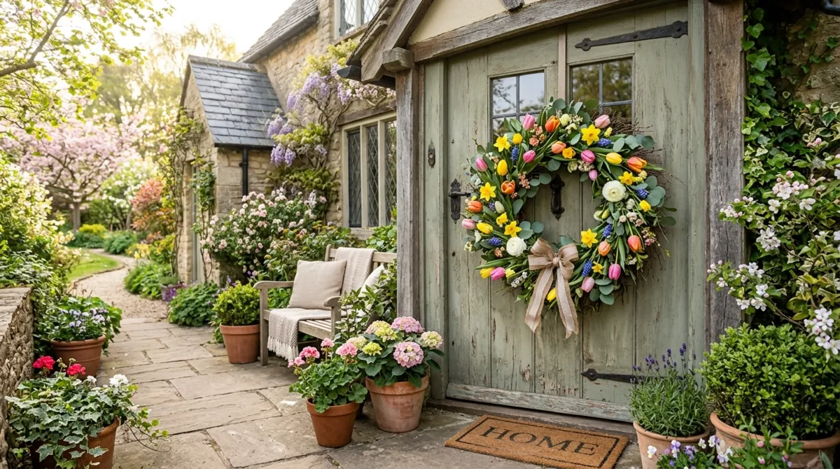 Spring wreath with tulips, daffodils, and eucalyptus on a rustic wood door.