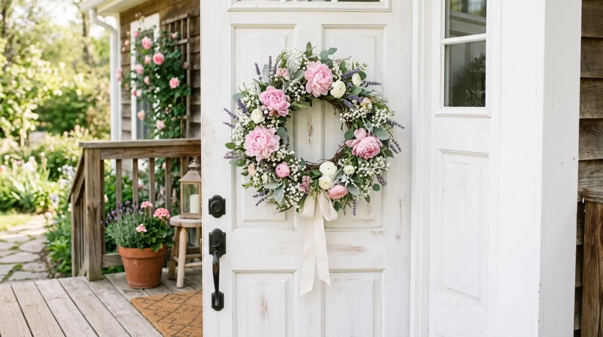 Pastel floral wreath with pink peonies and lavender on a white farmhouse door.