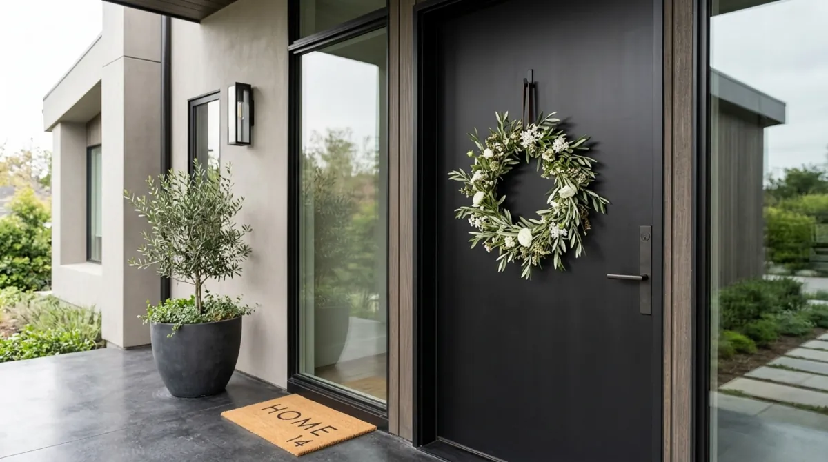 Minimal spring wreath with olive branches and white blossoms on black door.