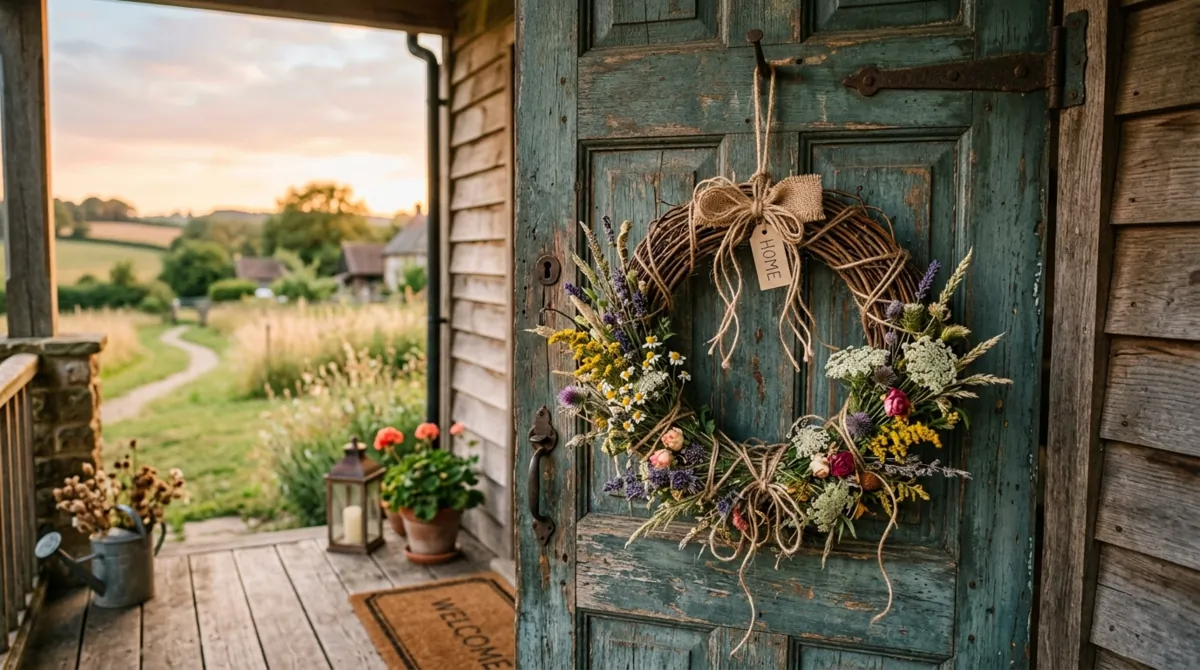 Rustic DIY wreath with wildflowers, twine, and grapevine base.