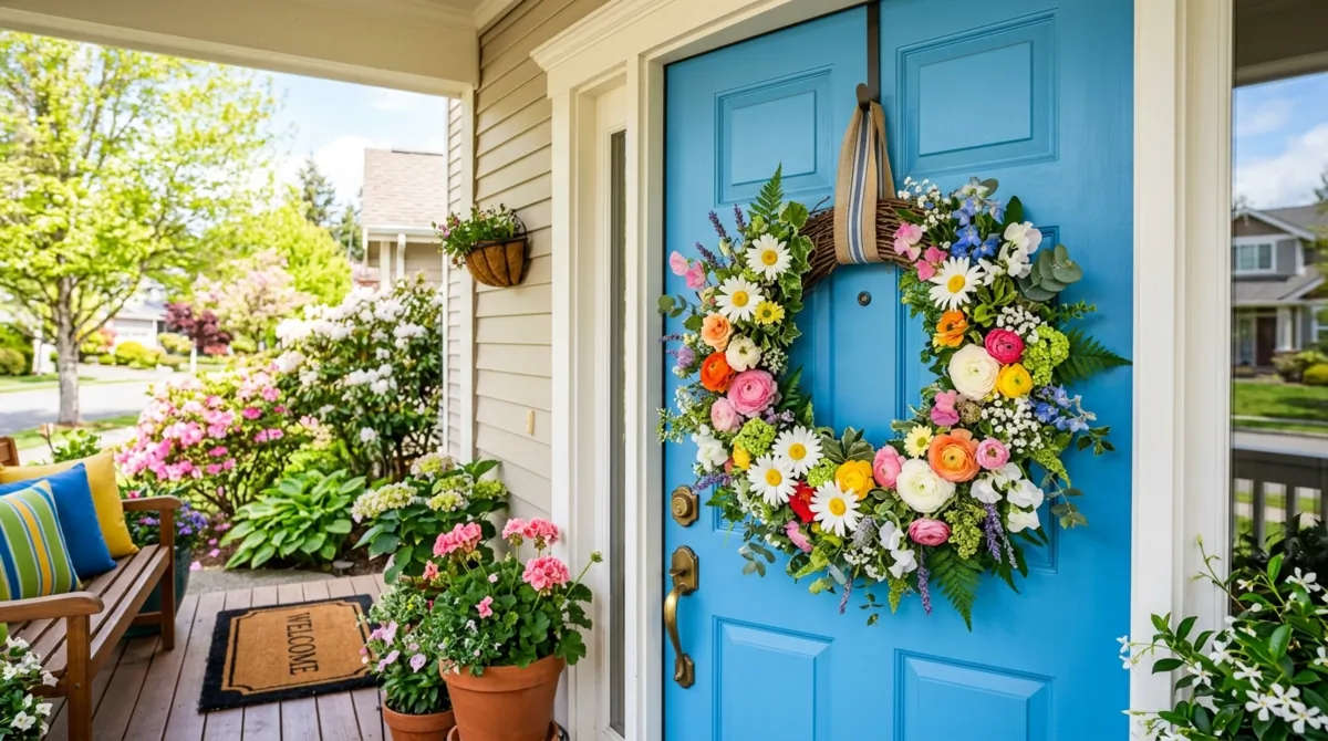 Colorful spring wreath with daisies, ranunculus, and greenery on blue door.