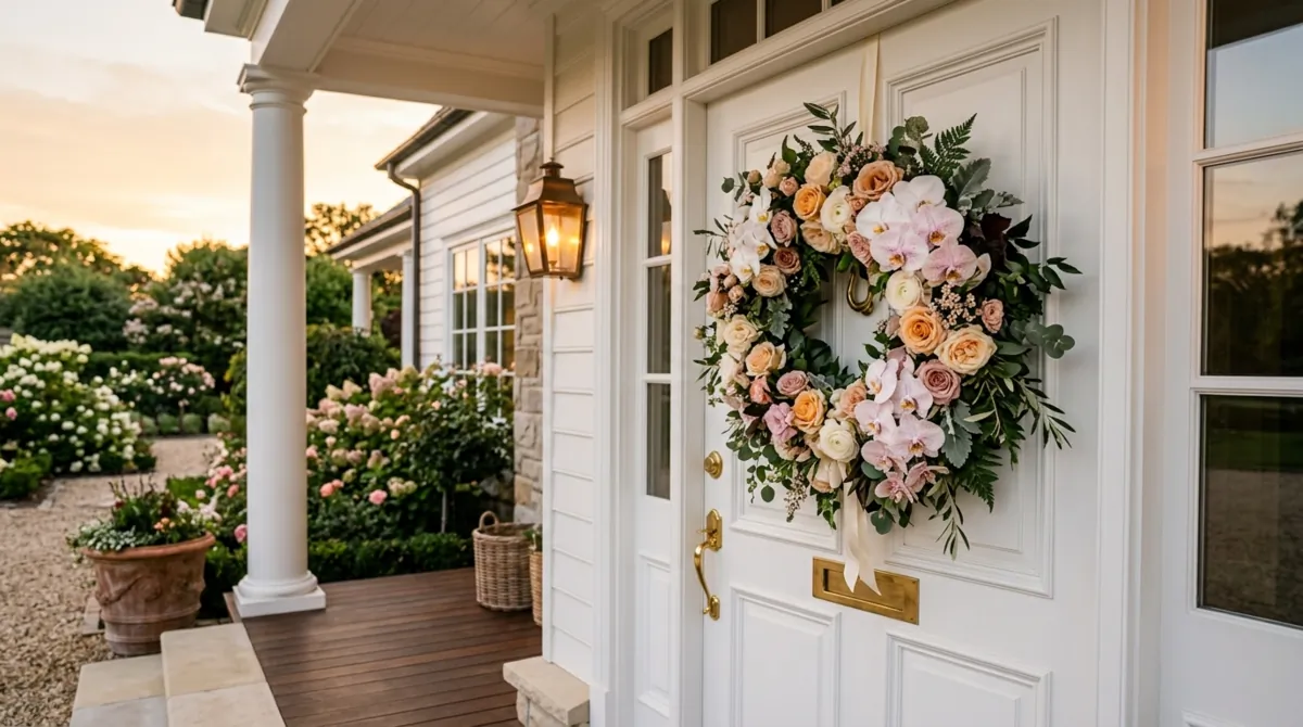 Luxury floral wreath with orchids, roses, and greenery on white paneled door.