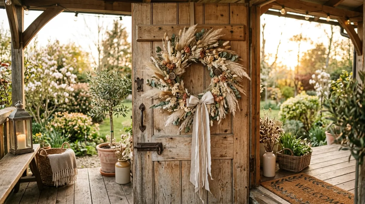Boho spring wreath with dried flowers, pampas grass, and neutral ribbons.