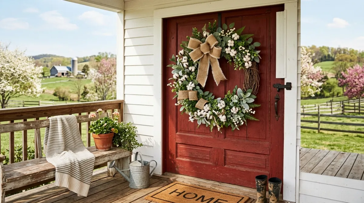 Farmhouse spring wreath with cotton blossoms, greenery, and burlap.