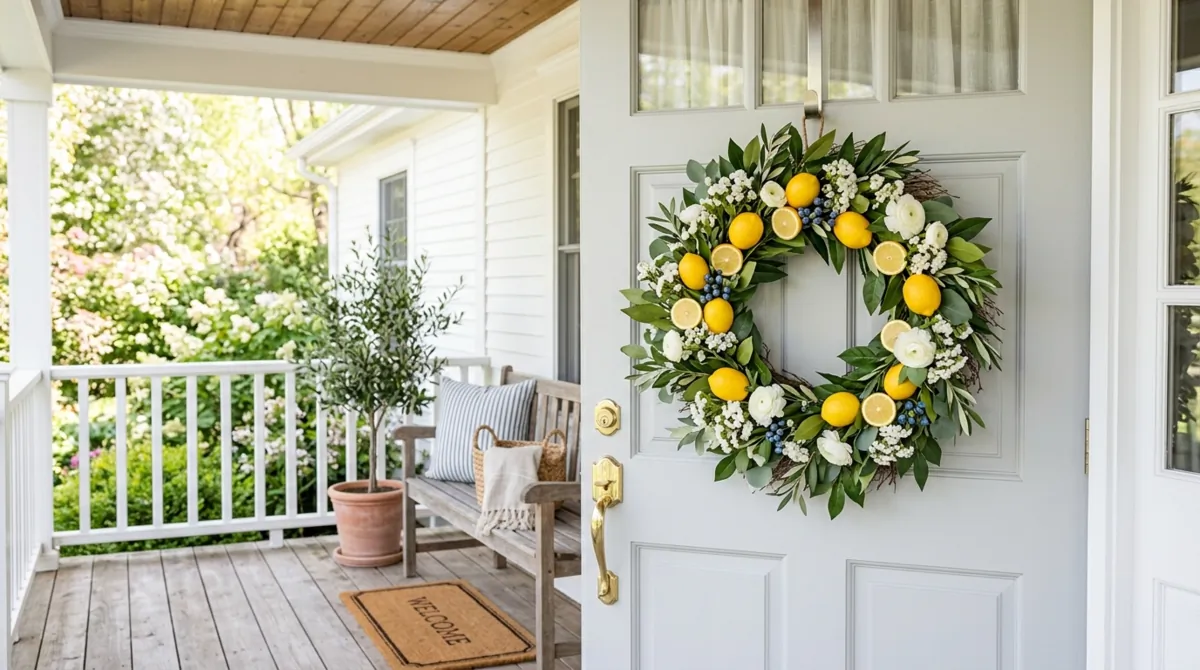 Citrus-themed DIY wreath with lemons, greenery, and white flowers.