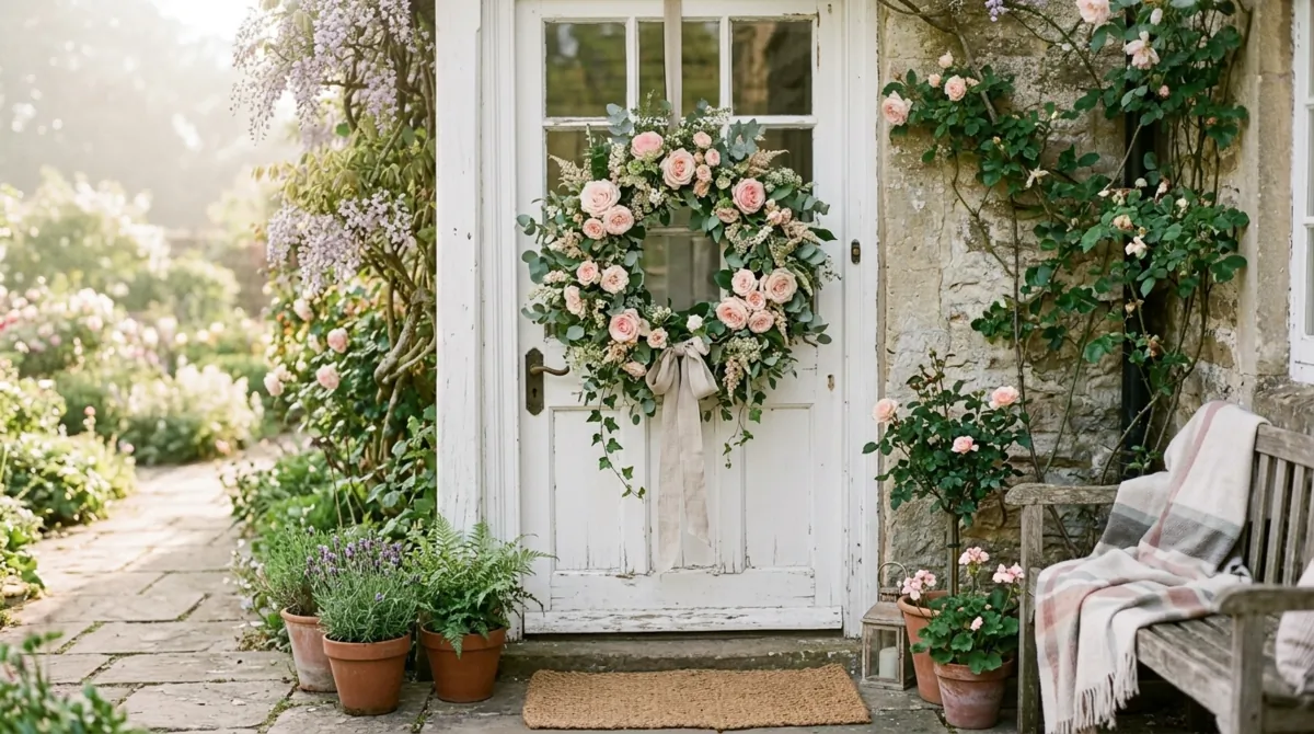 Romantic spring wreath with blush roses, ivy, and soft greenery.