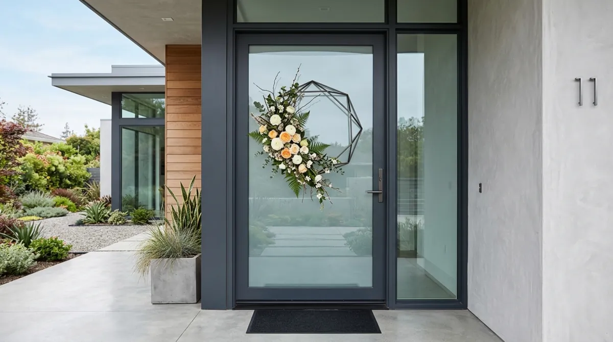 Modern geometric spring wreath with asymmetrical flowers on glass and metal door.