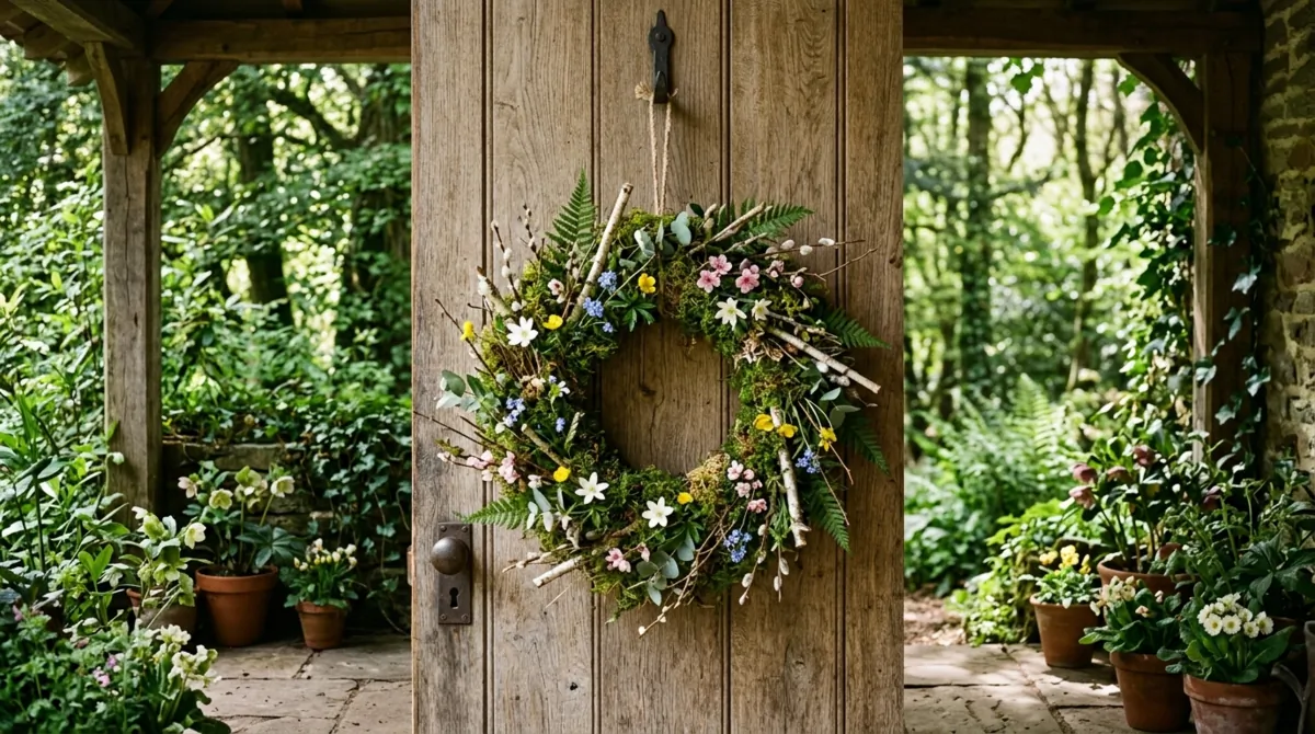 Woodland spring wreath with moss, blossoms, and twigs on natural wood door.