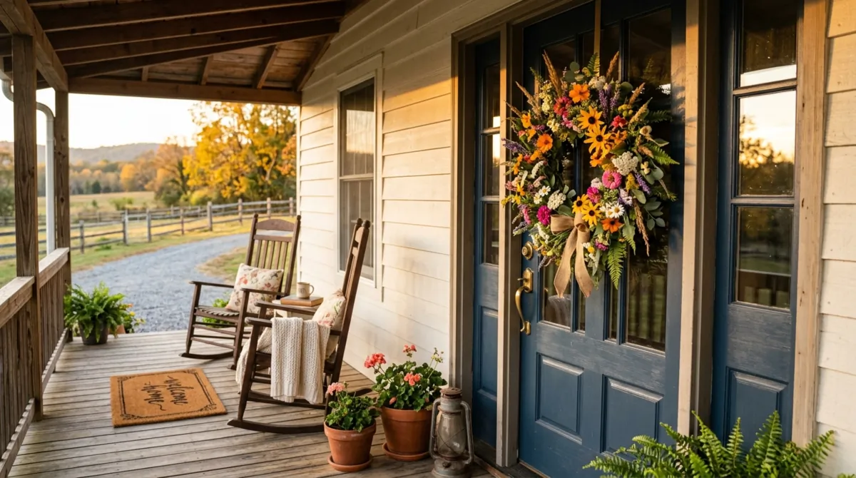 Vibrant wildflower wreath on farmhouse porch with rocking chairs.