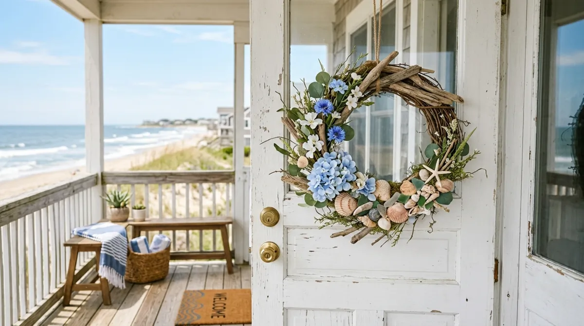 Coastal spring wreath with seashells, blue flowers, and driftwood.