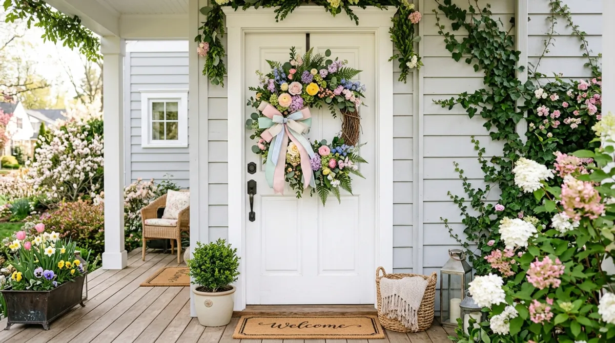 Handcrafted spring wreath with layered greenery, pastel ribbons, and mixed blooms.