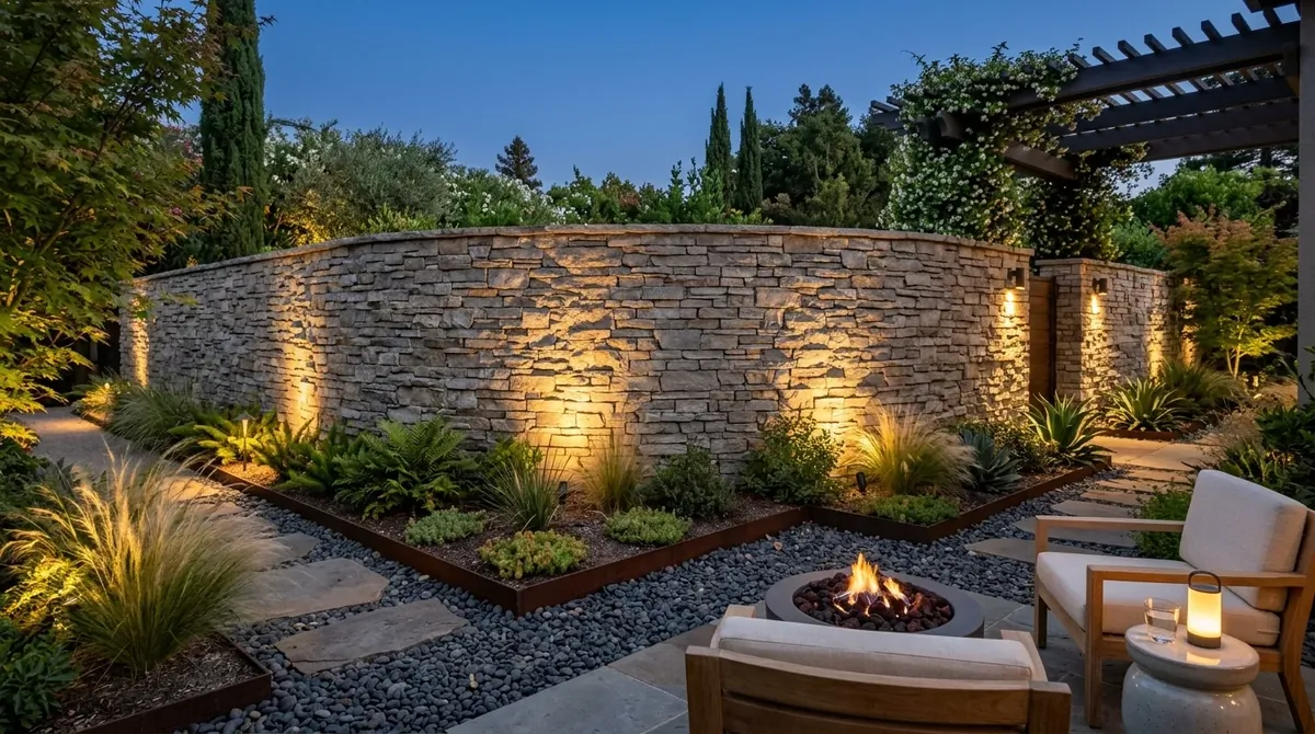 Exterior wall covered in climbing greenery around a peaceful patio seating area.