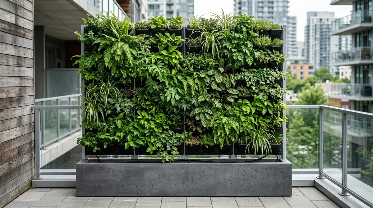 Sleek concrete exterior wall with geometric cutouts casting dramatic shadows in a patio.