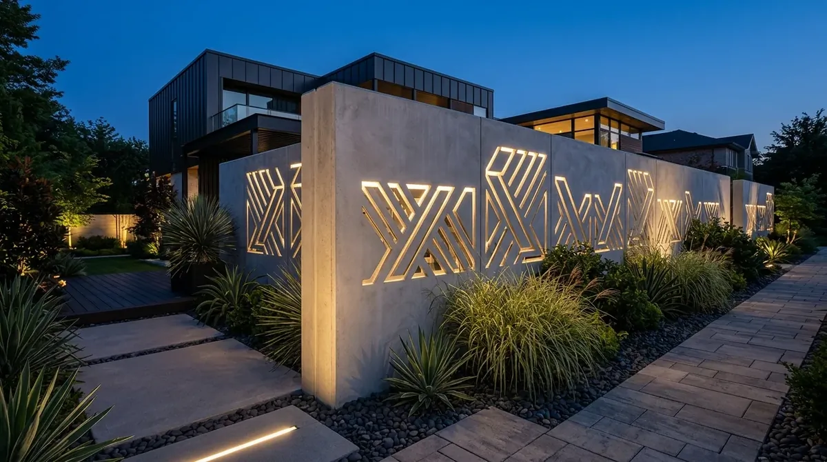 Rustic exterior privacy wall made from reclaimed wood with hanging lanterns and potted flowers.