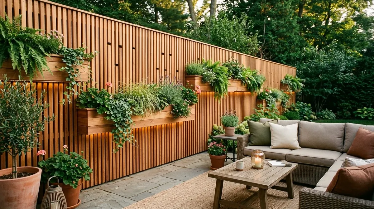 Natural bamboo privacy wall around a tropical-inspired backyard filled with palms and ferns.