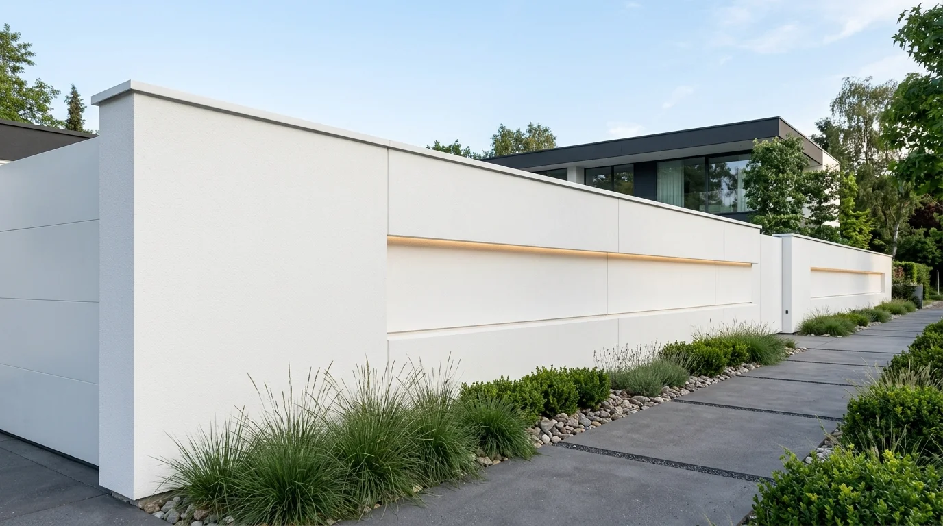 Decorative metal exterior wall with floral laser-cut design and glowing evening backlighting.