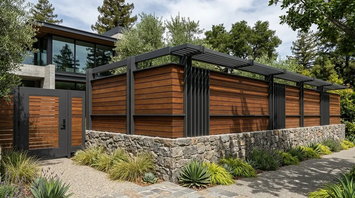 Layered stone exterior wall framing a lush garden path and elegant outdoor seating zone.