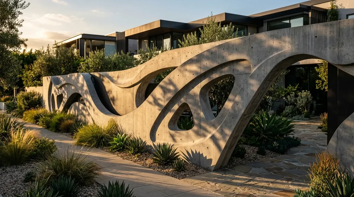 Matte black exterior wall with minimalist lines, gravel base, and sculptural planters.