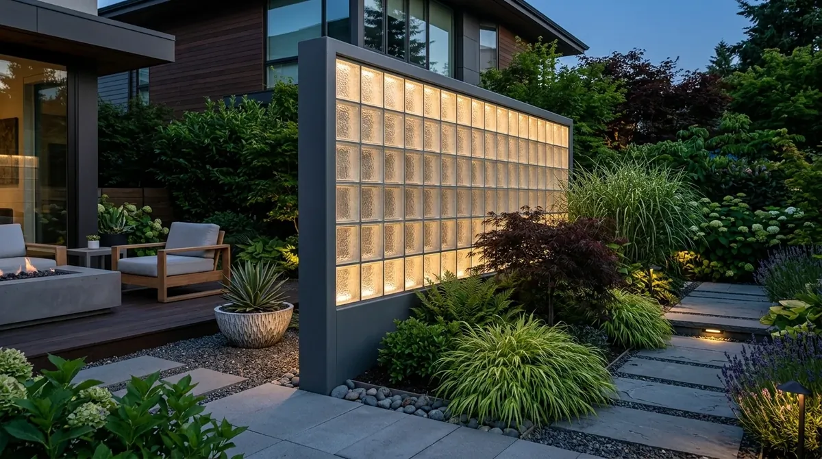 Curved exterior wall enclosing an outdoor lounge with soft lighting and layered textures.