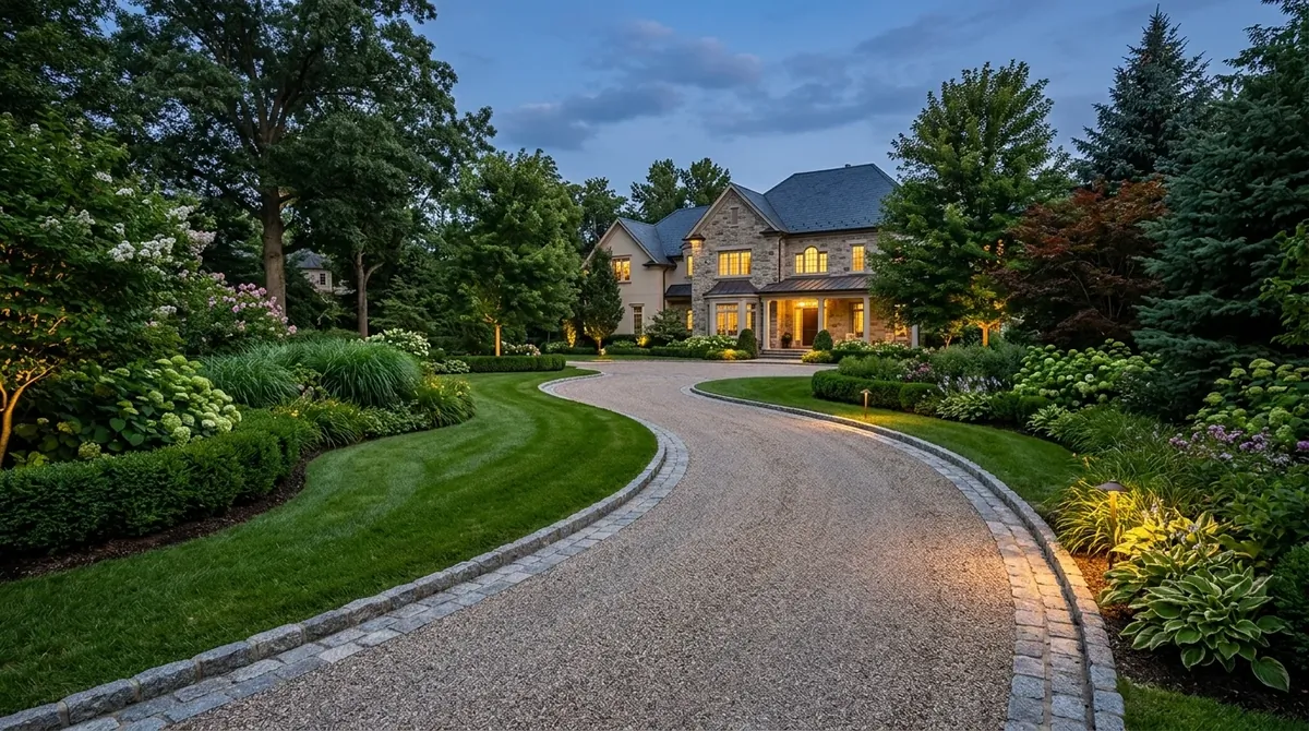 Driveway with paver pattern, border planting, and polished curb appeal landscaping.