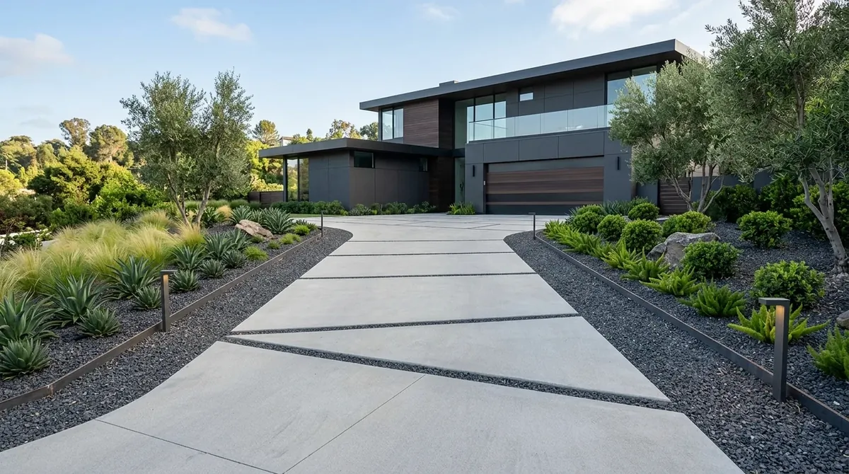 Driveway with gravel texture and lush planting softening the hard edges.