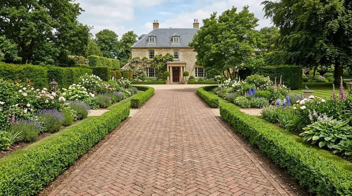 Curb appeal driveway enhanced by path lights and a warm evening welcome.