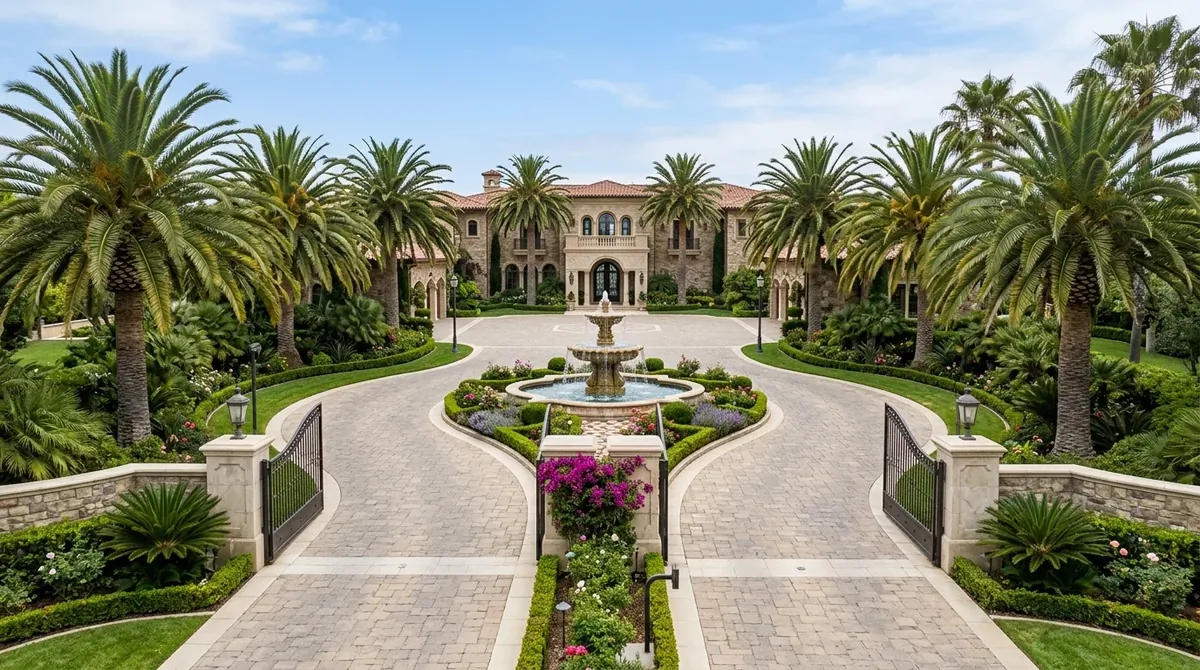 Elegant circular driveway with center planting bed and grand arrival feel.