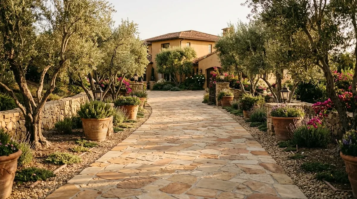 Driveway entrance framed by stone pillars and layered planting.