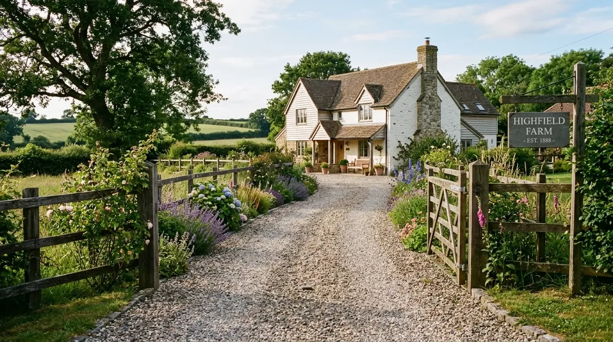 Curving driveway lined with shrubs and a more graceful front yard approach.