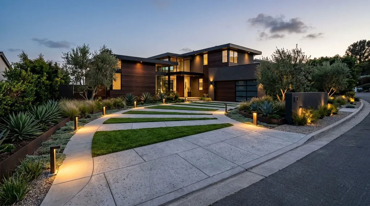 Driveway with warm stone, gravel, and drought-friendly planting.