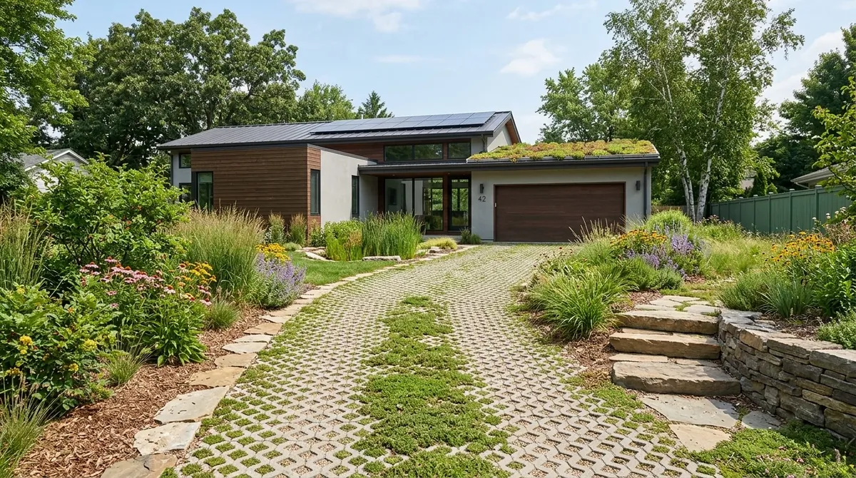 Upscale driveway with refined paving and symmetrical landscaping.