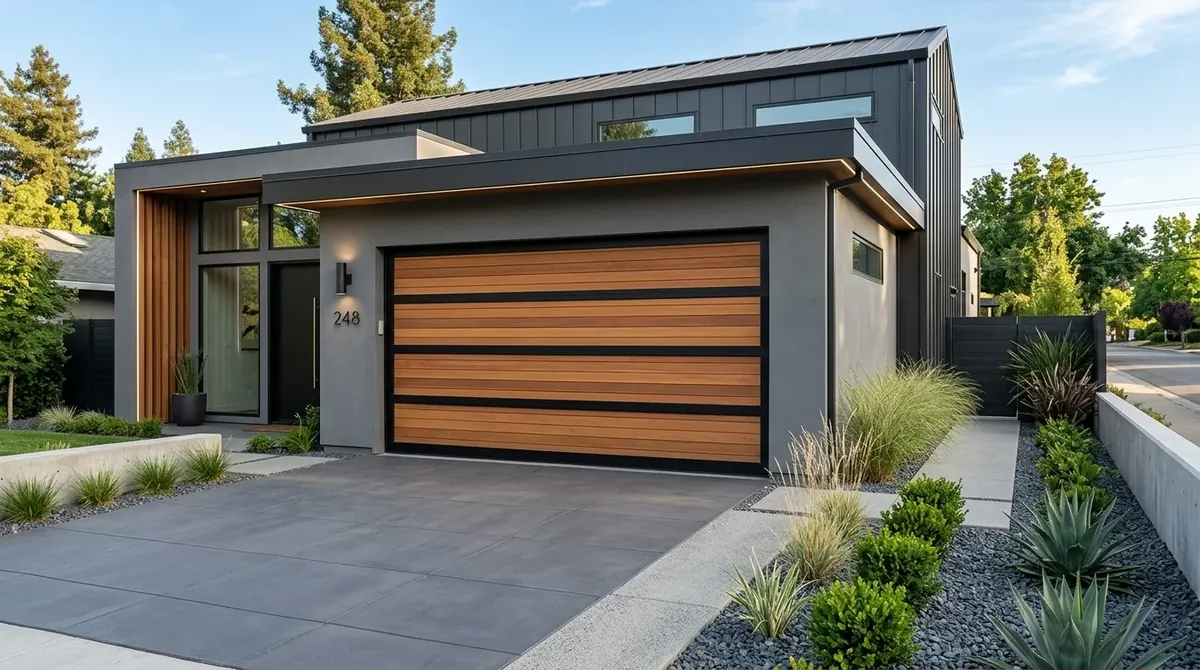Modern garage door with horizontal wood slats, black frame, and clean landscaping.
