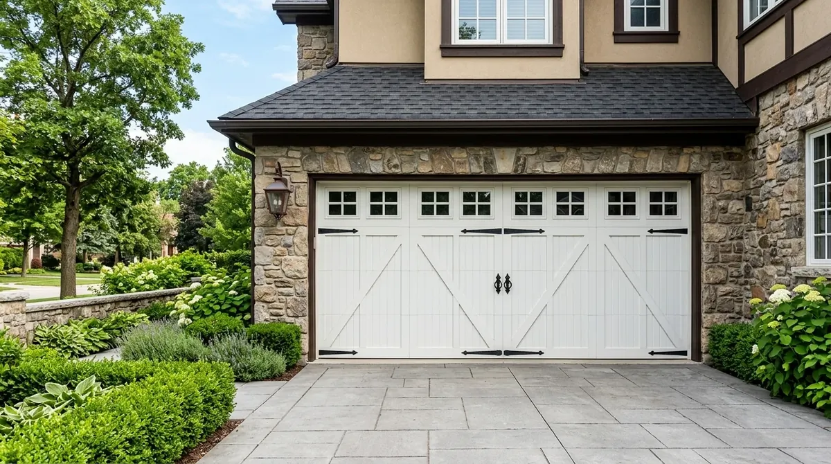 White carriage-style garage door with iron hardware, stone accents, and neat greenery.