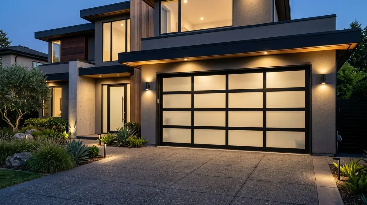 Luxury garage door with frosted glass inserts, black aluminum frame, and soft exterior lighting.