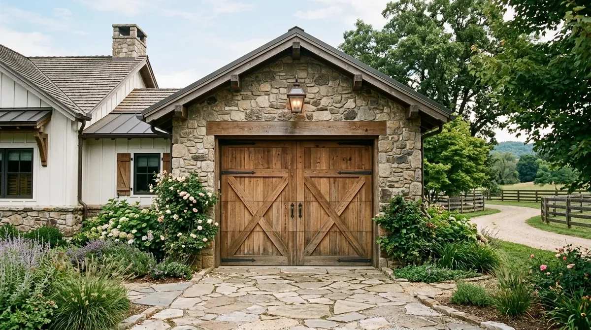 Rustic wooden garage door with cedar finish, crossbeam detail, and farmhouse-style exterior.