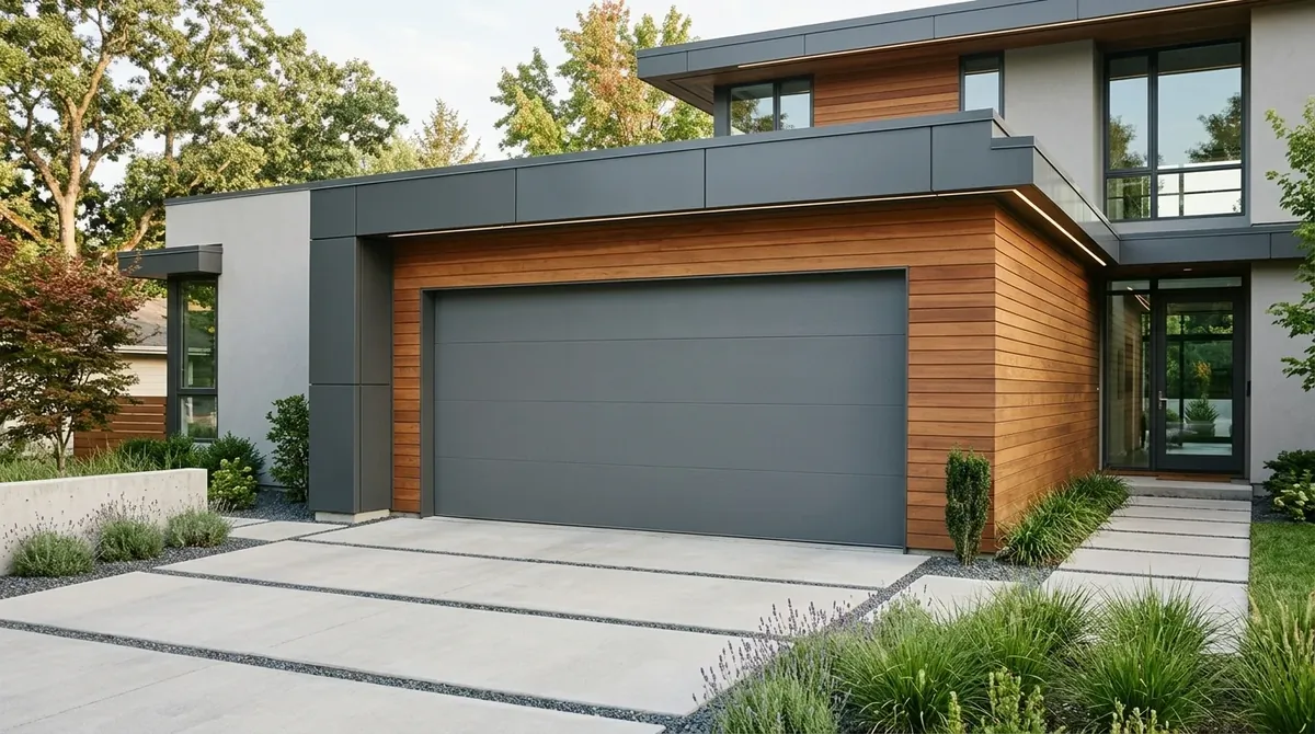 Contemporary garage door with smooth gray panels, hidden handles, and seamless modern facade.
