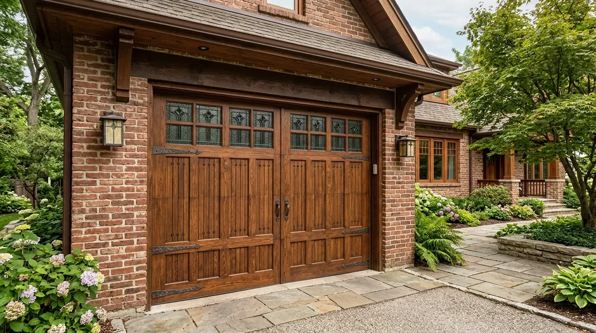 Craftsman garage door with warm stain, detailed woodwork, and divided-light windows on a brick home.